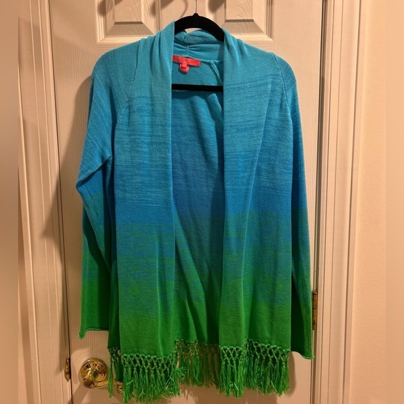 LILLY PULITZER TATUM FRINGE GECKO GREEN MARLED OMBRE CARDIGAN SWEATER - Picture 4 of 5